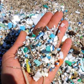 Hånd med plastik fra en strand